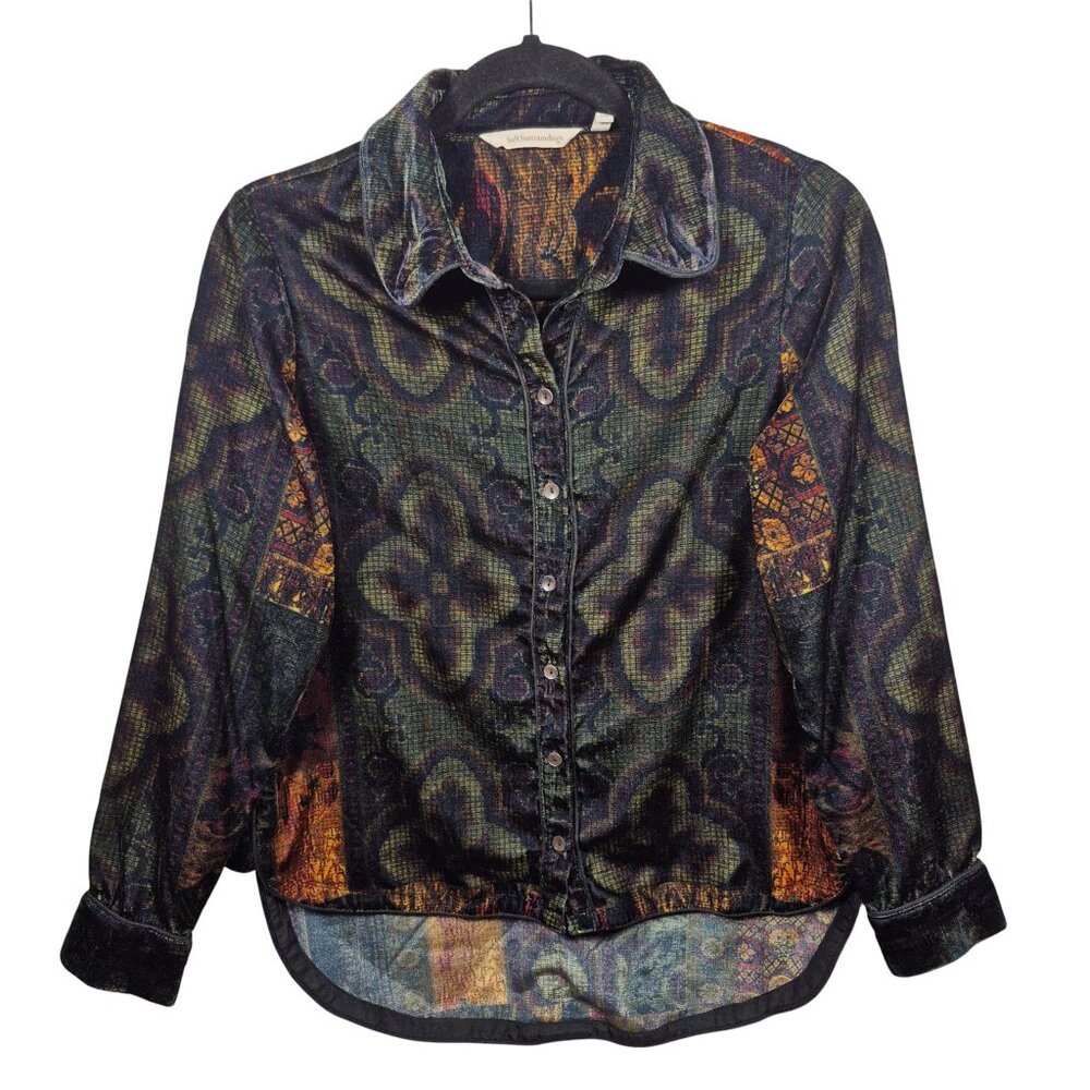 Soft Surroundings Top Womens Button Down Shirt XSmall Geometric Velour